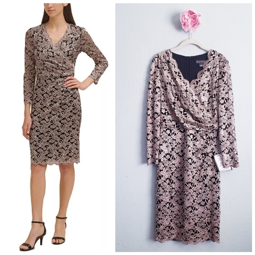 Jessica Howard Black and Gold Glitter Lace V-neck Steath Cocktail Dress